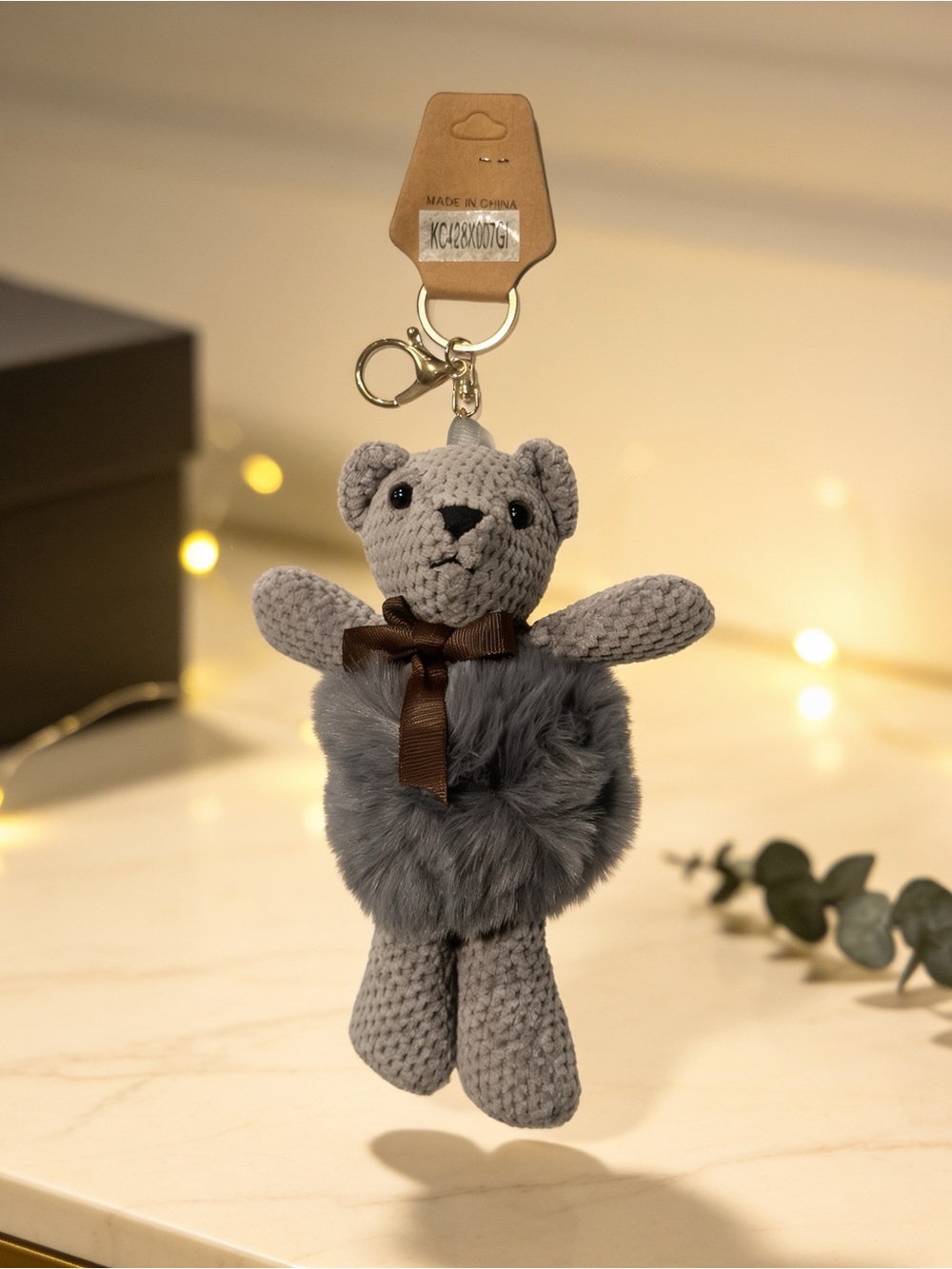 Gray Plush Teddy Keyring/Bag Charm with Fur Pom NWT